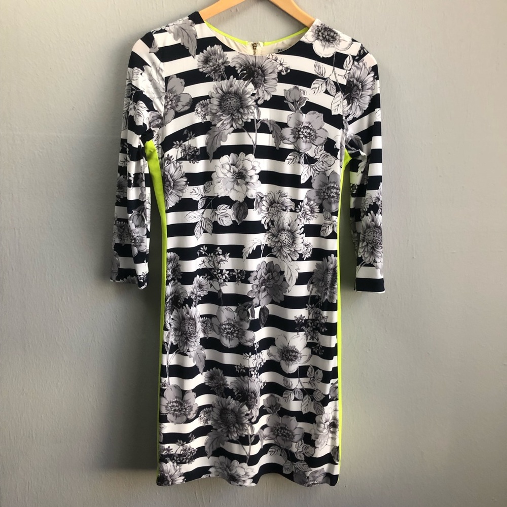 Eliza J career dress striped floral knit 4 neon.